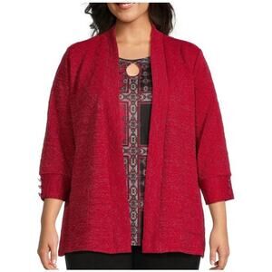 Allison Daley Crimson Red Shimmer 3/4 Sleeve Ottoman Check Knit Cardigan Holiday
